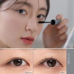 Antes y después Romand Han All Fix Mascara resultado de volumen, longitud y curvatura en pestañas naturales con máscara coreana de fijación