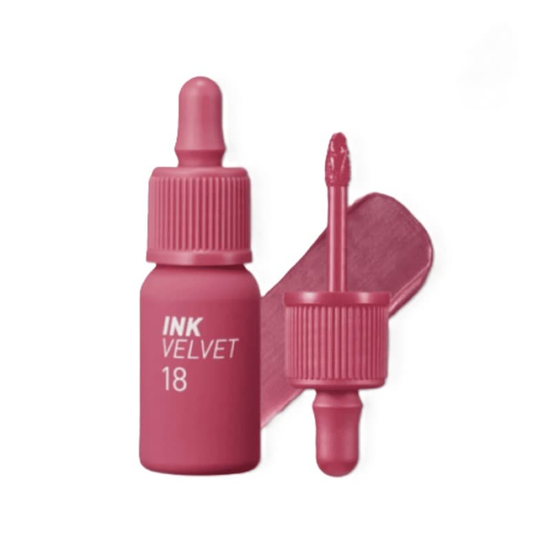 Peripera Ink Velvet tono 18 con aplicador y swipe mate rosa intenso, labial tinte coreano en Perú