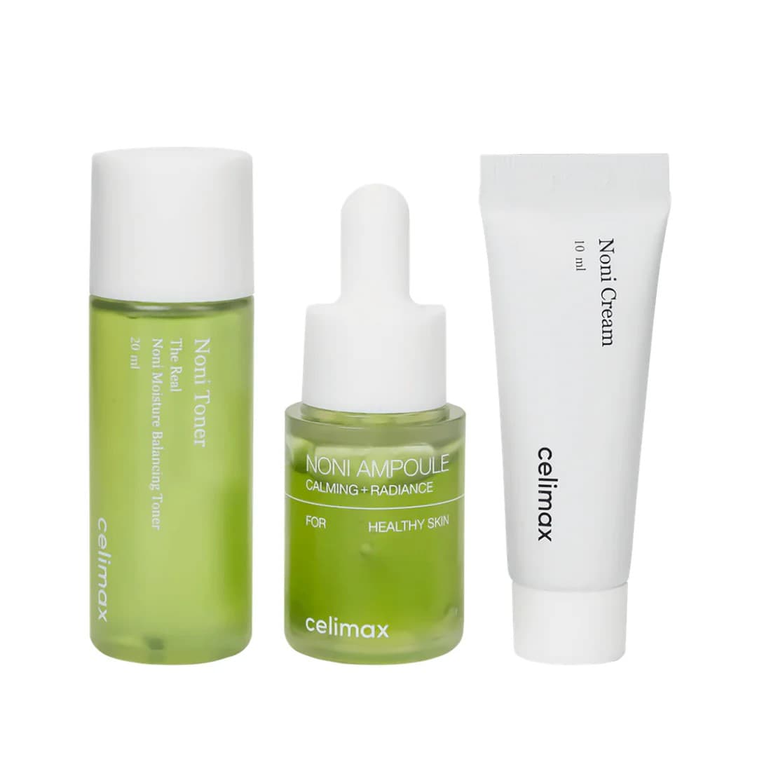 Celimax Kit Noni Toner 20ml + Noni Ampoule Calming Radiance + Noni Cream 10ml, set rutina coreana calmante e iluminadora con extracto de noni para piel sana